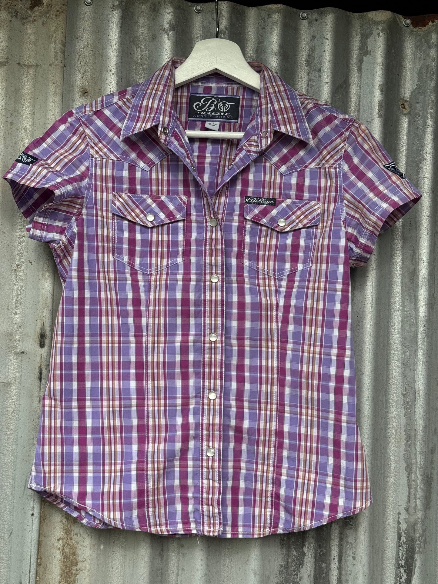 Bullzye Purple Check Womens Short Sleeve Shirt Size 10