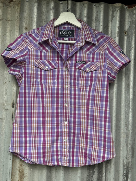 Bullzye Purple Check Womens Short Sleeve Shirt Size 10